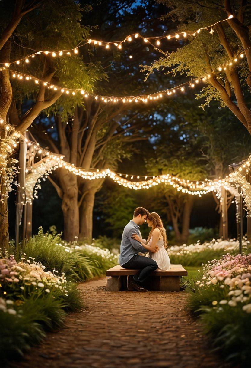 An enchanting scene of a couple sharing a tender moment under twinkling fairy lights in a cozy park, surrounded by blooming flowers symbolizing love. Soft glows and gentle smiles capture the essence of deeper connections. A heart-shaped light formed by their intertwined hands adds a magical touch. super-realistic. warm colors. romantic atmosphere.