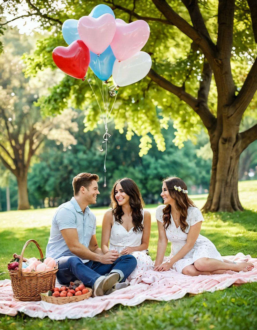 A warm and inviting scene of two couples enjoying a picnic in a lush green park, surrounded by blooming flowers and soft sunlight filtering through the trees. They share laughter and intimate moments, showcasing heart-shaped balloons and a picturesque blanket with a basket of treats. A gentle breeze adds a whimsical touch to their experience, symbolizing lasting love. pastel colors. dreamy atmosphere. romantic setting.